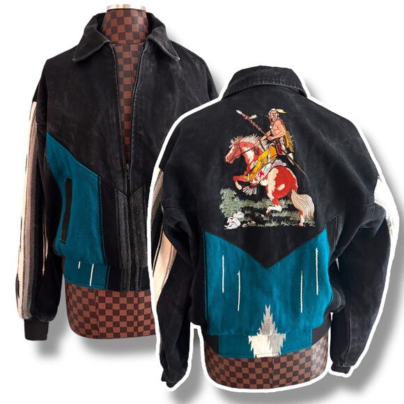 Vtg Buffalo Nickel Mens Embroidered Jacket S Denim Black Blue Native American - Picture 1 of 12